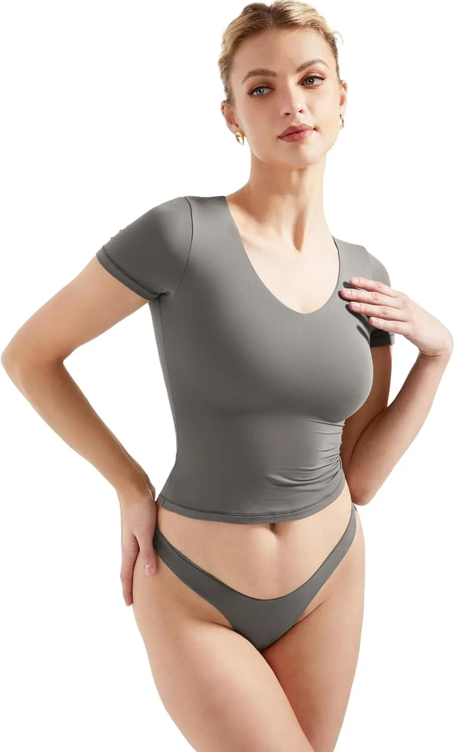 SUUKSESS Women Double Lined Fitted Basic Tee Sexy V Neck Short Sleeve Y2K Crop Top