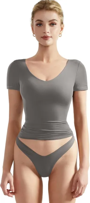 SUUKSESS Women Double Lined Fitted Basic Tee Sexy V Neck Short Sleeve Y2K Crop Top