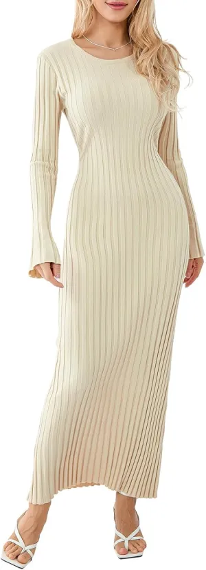 Sweater Dress for Women Ribbed Knit Slim Fit Bell Long Sleeve Maxi Dress Crew Neck Y2K Modest Bodycon Dresses