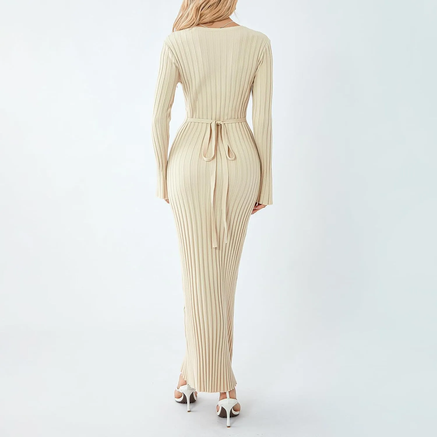 Sweater Dress for Women Ribbed Knit Slim Fit Bell Long Sleeve Maxi Dress Crew Neck Y2K Modest Bodycon Dresses