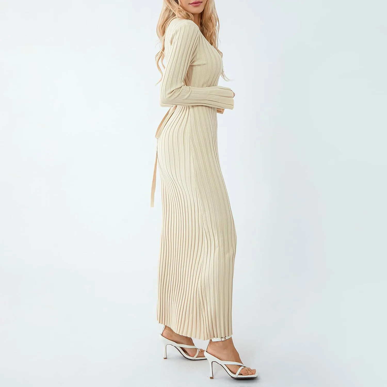 Sweater Dress for Women Ribbed Knit Slim Fit Bell Long Sleeve Maxi Dress Crew Neck Y2K Modest Bodycon Dresses