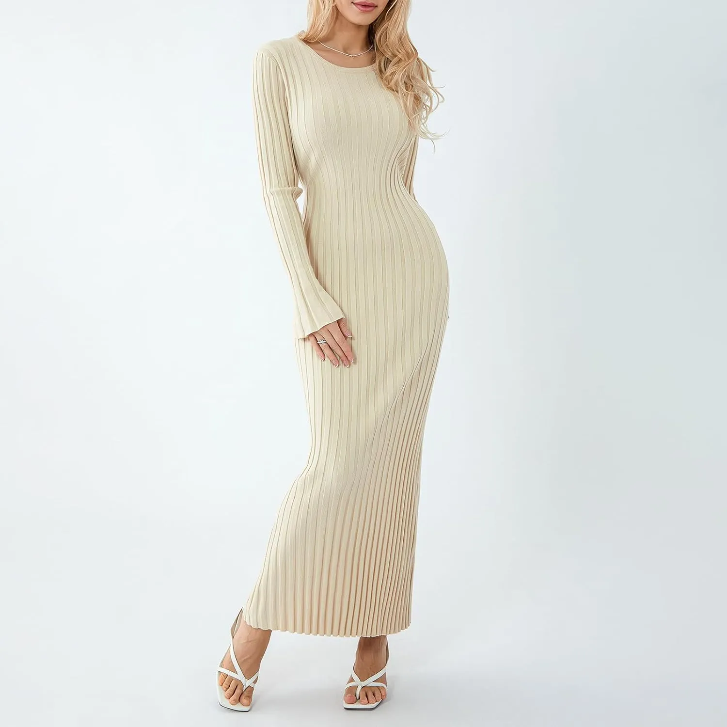 Sweater Dress for Women Ribbed Knit Slim Fit Bell Long Sleeve Maxi Dress Crew Neck Y2K Modest Bodycon Dresses