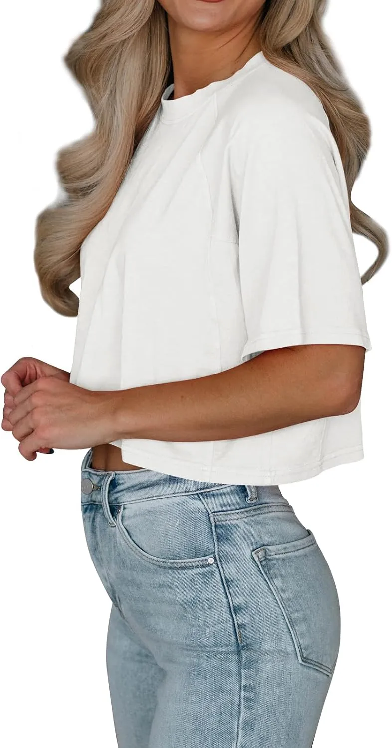 Tankaneo Womens Casual Half Sleeve Cropped T-Shirts Summer Crop Tops Solid Color Round Neck Basic Crop Tees