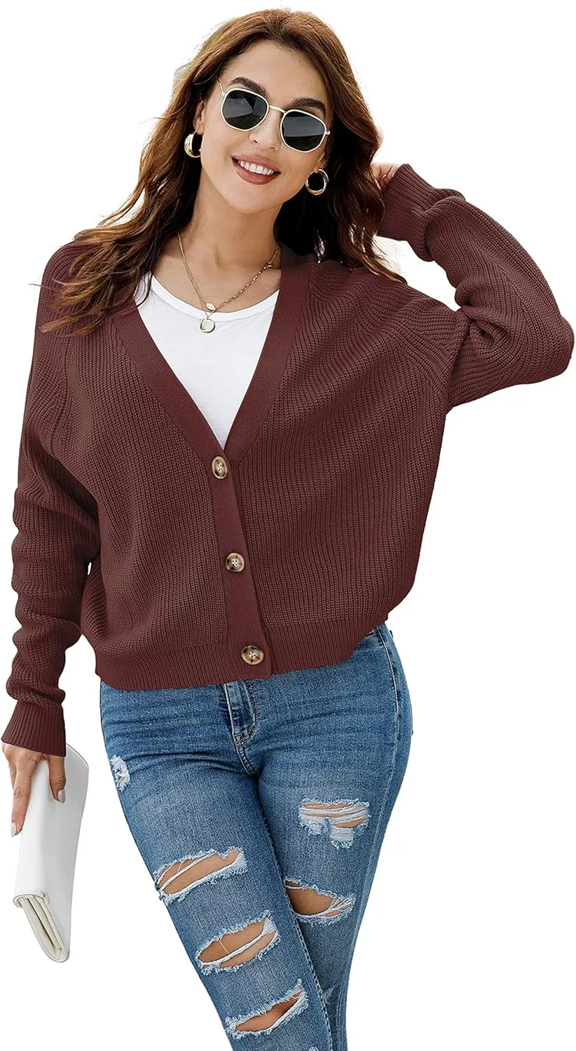 TASAMO Women's Long Sleeve Knit Sweater Open Front Cardigan Button Loose Outerwear