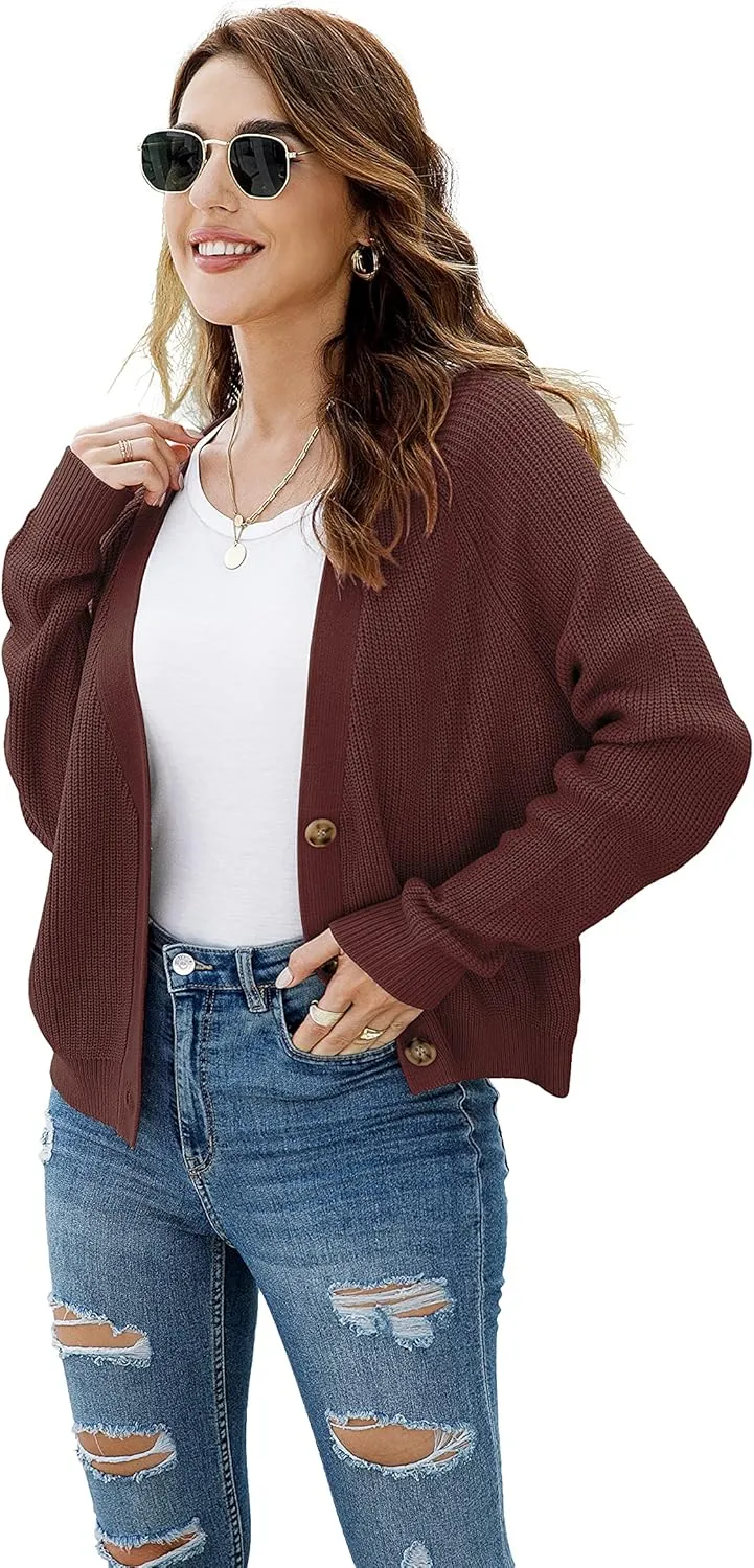 TASAMO Women's Long Sleeve Knit Sweater Open Front Cardigan Button Loose Outerwear