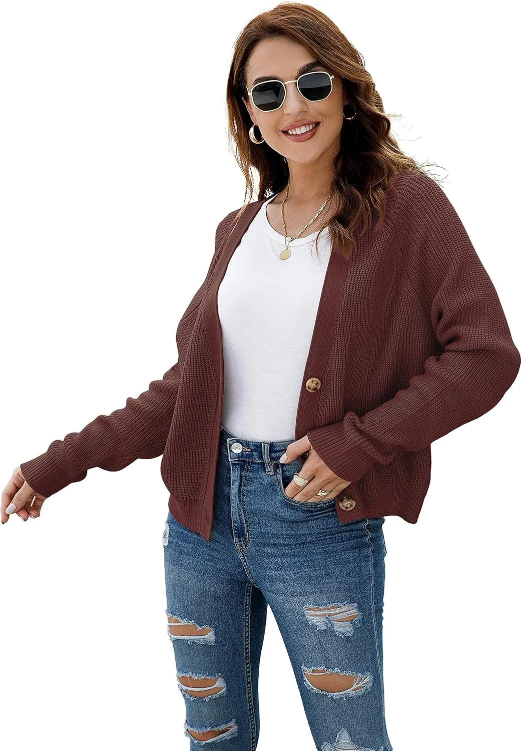 TASAMO Women's Long Sleeve Knit Sweater Open Front Cardigan Button Loose Outerwear