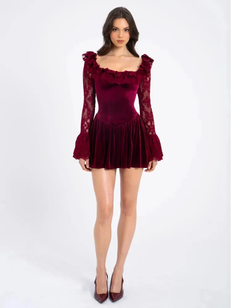 Trendy Velvet Ruffle Dress with Lace Sleeves
