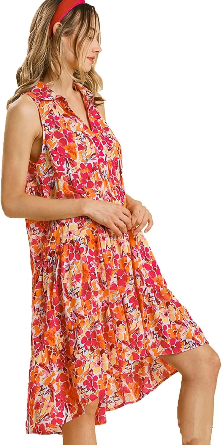 Umgee Womens Floral Print Sleeveless Tiered Midi Dress with High Low Hem
