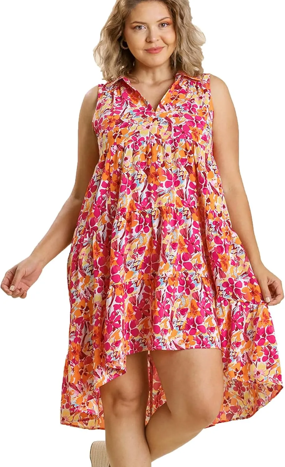 Umgee Womens Floral Print Sleeveless Tiered Midi Dress with High Low Hem