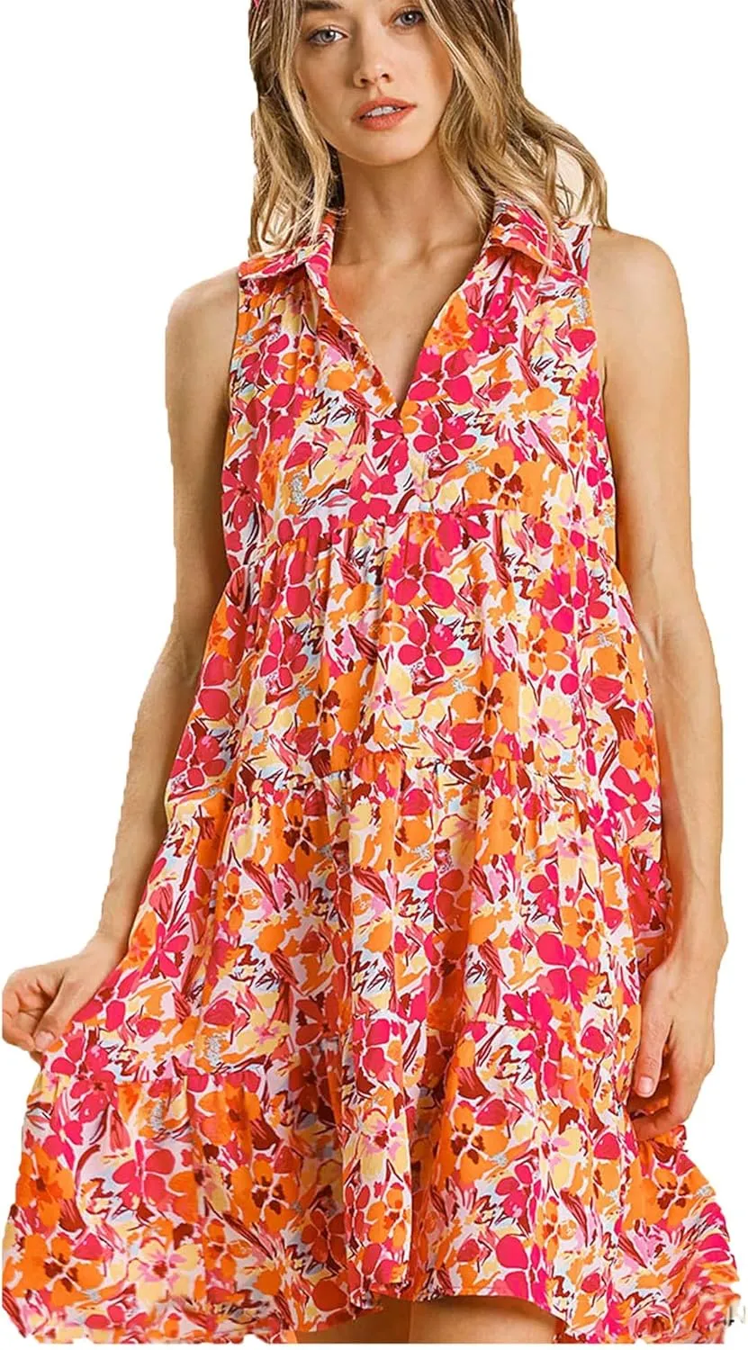 Umgee Womens Floral Print Sleeveless Tiered Midi Dress with High Low Hem