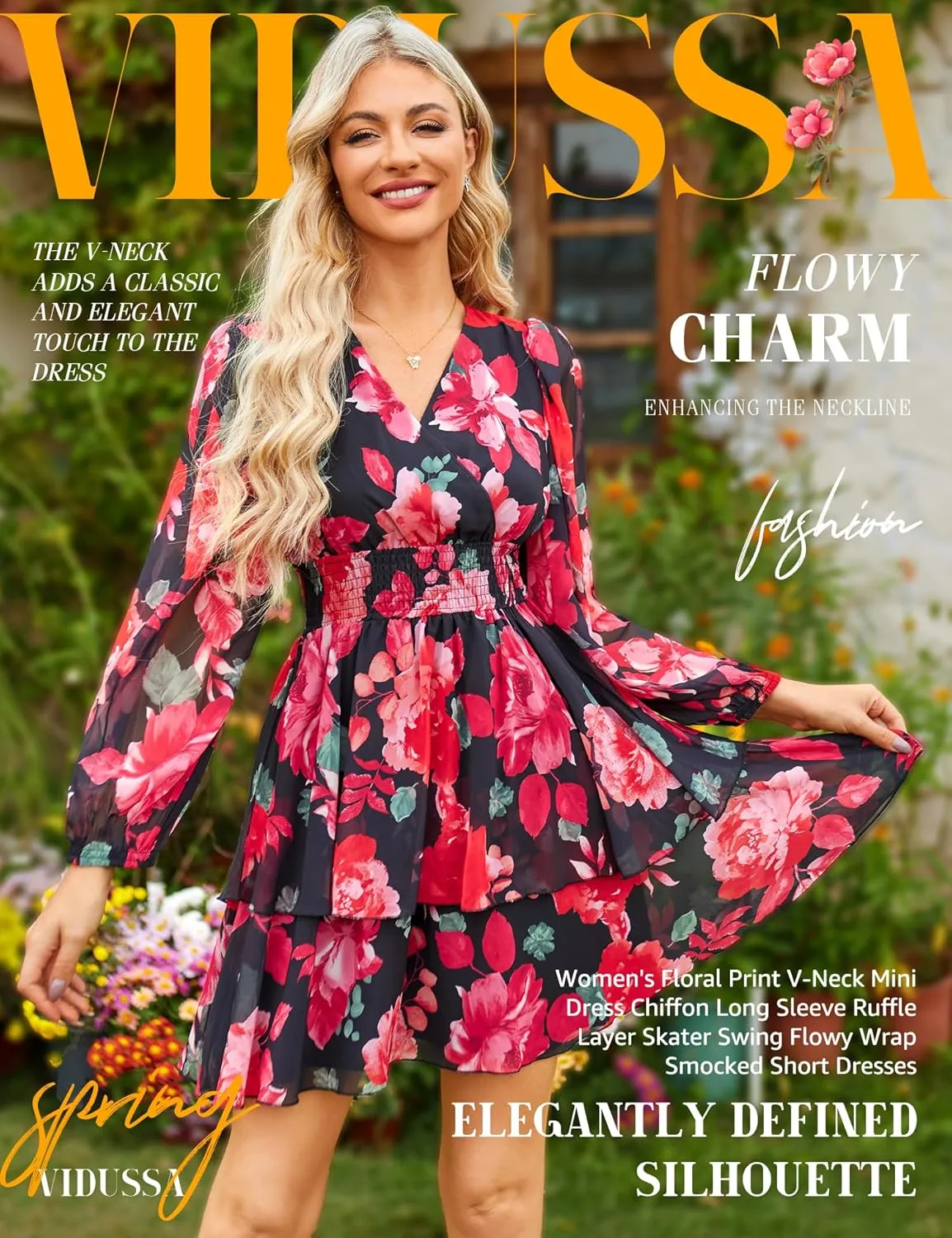 VIDUSSA Women's Floral Print V-Neck Mini Dress Chiffon Long Sleeve Ruffle Layer Skater Swing Flowy Wrap Smocked Short Dresses