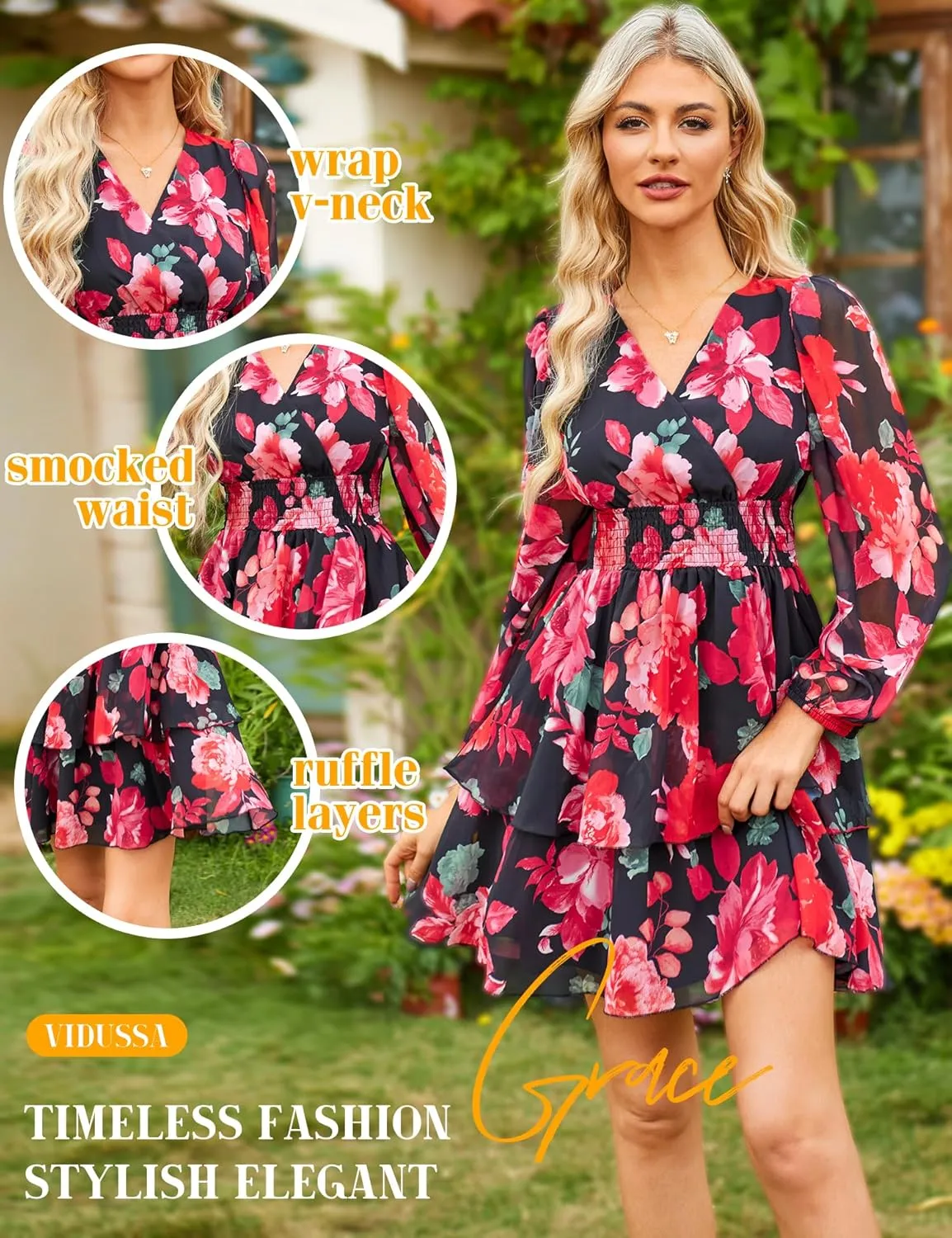 VIDUSSA Women's Floral Print V-Neck Mini Dress Chiffon Long Sleeve Ruffle Layer Skater Swing Flowy Wrap Smocked Short Dresses
