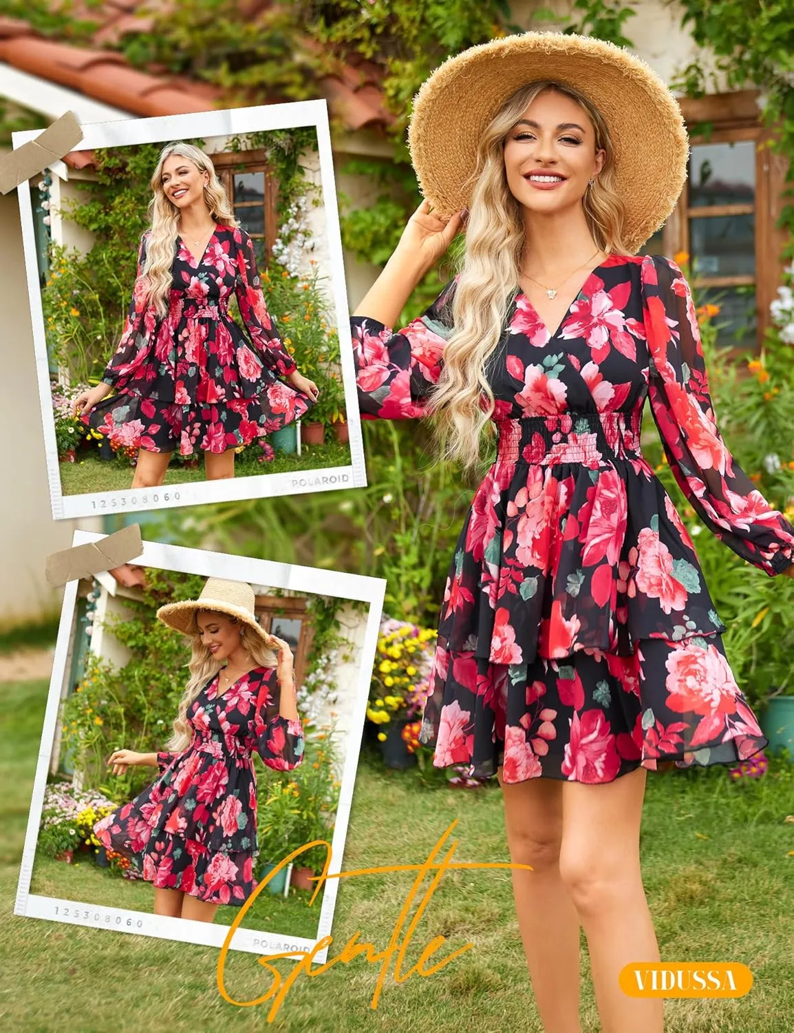 VIDUSSA Women's Floral Print V-Neck Mini Dress Chiffon Long Sleeve Ruffle Layer Skater Swing Flowy Wrap Smocked Short Dresses