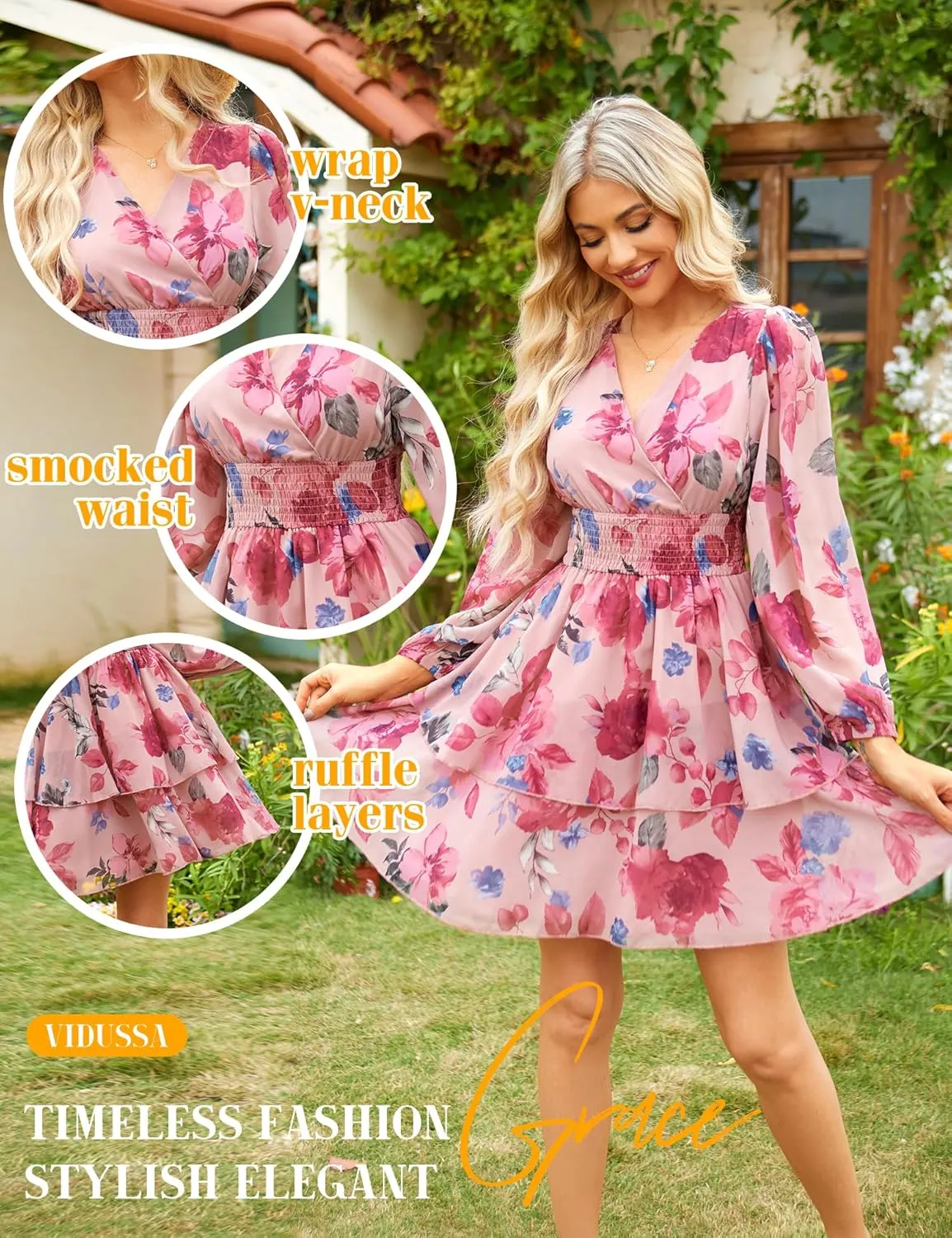 VIDUSSA Women's Floral Print V-Neck Mini Dress Chiffon Long Sleeve Ruffle Layer Skater Swing Flowy Wrap Smocked Short Dresses