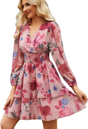 VIDUSSA Women's Floral Print V-Neck Mini Dress Chiffon Long Sleeve Ruffle Layer Skater Swing Flowy Wrap Smocked Short Dresses