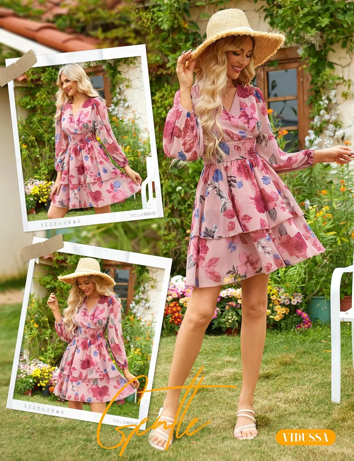 VIDUSSA Women's Floral Print V-Neck Mini Dress Chiffon Long Sleeve Ruffle Layer Skater Swing Flowy Wrap Smocked Short Dresses