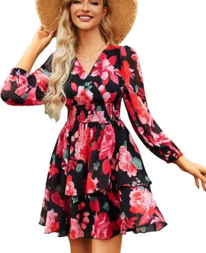 VIDUSSA Women's Floral Print V-Neck Mini Dress Chiffon Long Sleeve Ruffle Layer Skater Swing Flowy Wrap Smocked Short Dresses
