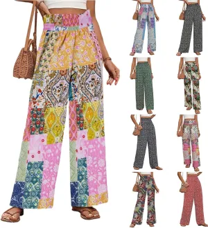 Wide Leg Linen Pants for Women Casual Summer Boho Flowy Palazzo Pants Y2k Baggy High Waist Pleated Travel Beach Pant