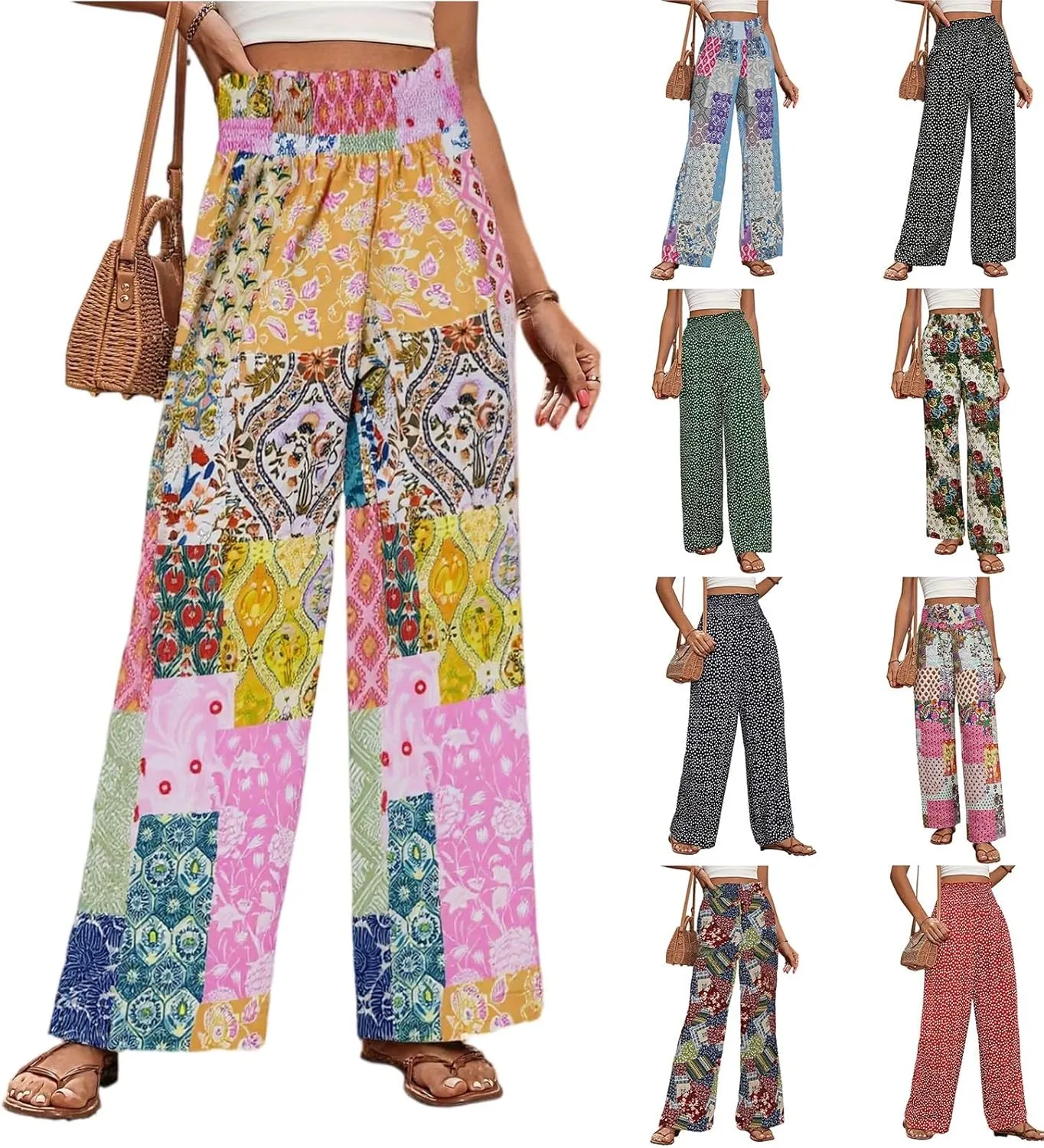 Wide Leg Linen Pants for Women Casual Summer Boho Flowy Palazzo Pants Y2k Baggy High Waist Pleated Travel Beach Pant