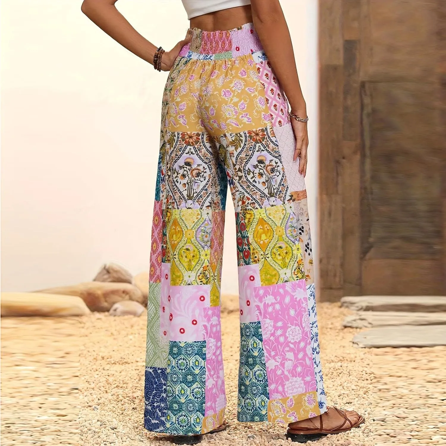 Wide Leg Linen Pants for Women Casual Summer Boho Flowy Palazzo Pants Y2k Baggy High Waist Pleated Travel Beach Pant