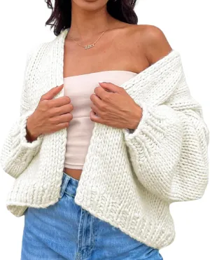 Women Cable Knit Cropped Cardigan Long Lantern Sleeve Open Front Chunky Sweater Oversized Y2k Knitwear Coat