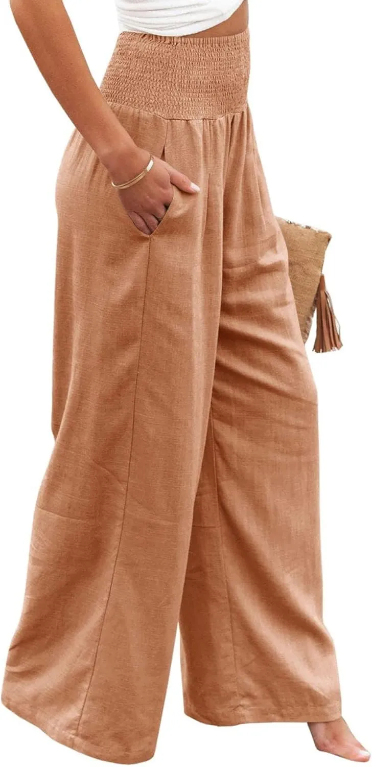 Women Linen Palazzo Pants Summer Boho Wide Leg High Waist Trousers Flowy Long Lounge Pant Work Beach Travel Outfits