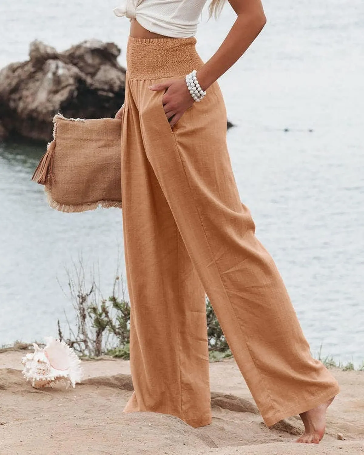 Women Linen Palazzo Pants Summer Boho Wide Leg High Waist Trousers Flowy Long Lounge Pant Work Beach Travel Outfits