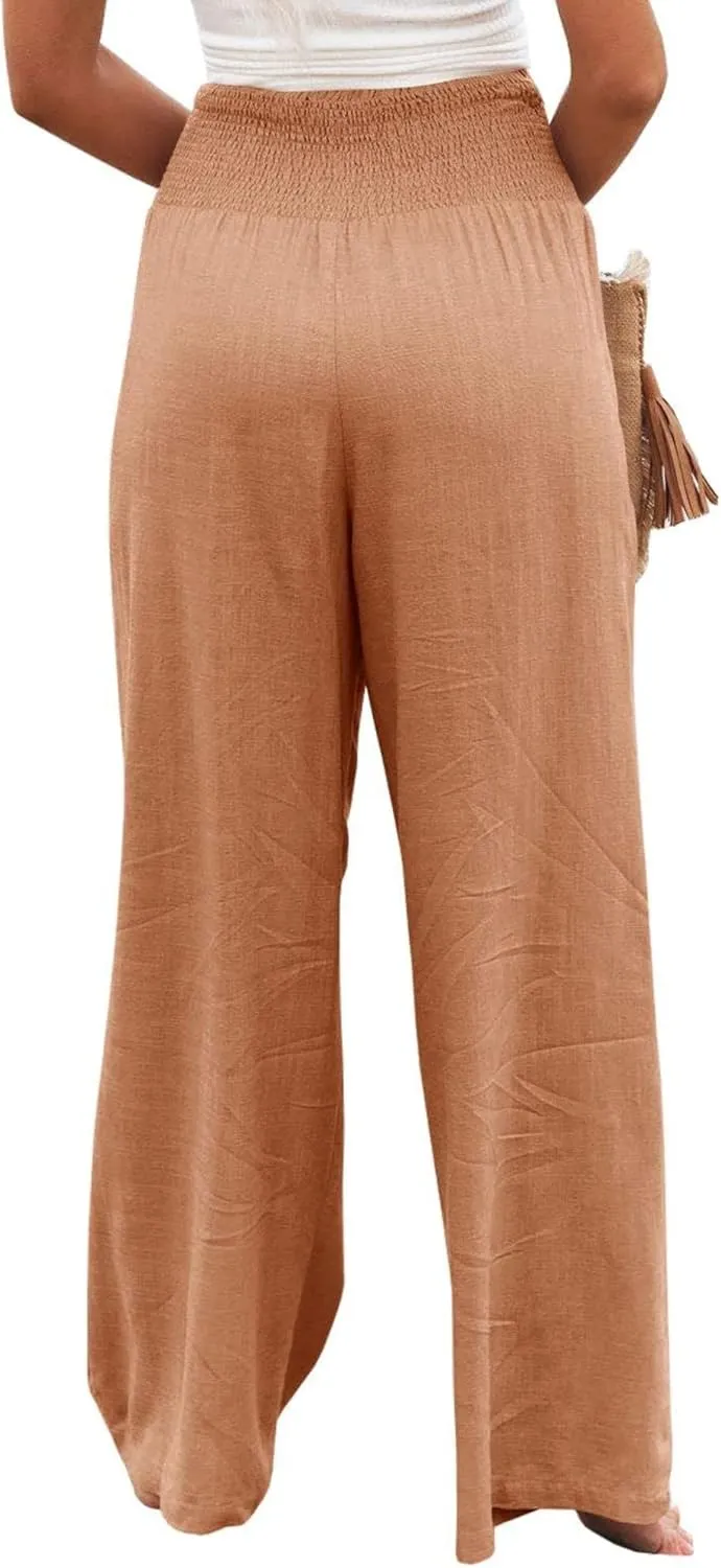 Women Linen Palazzo Pants Summer Boho Wide Leg High Waist Trousers Flowy Long Lounge Pant Work Beach Travel Outfits