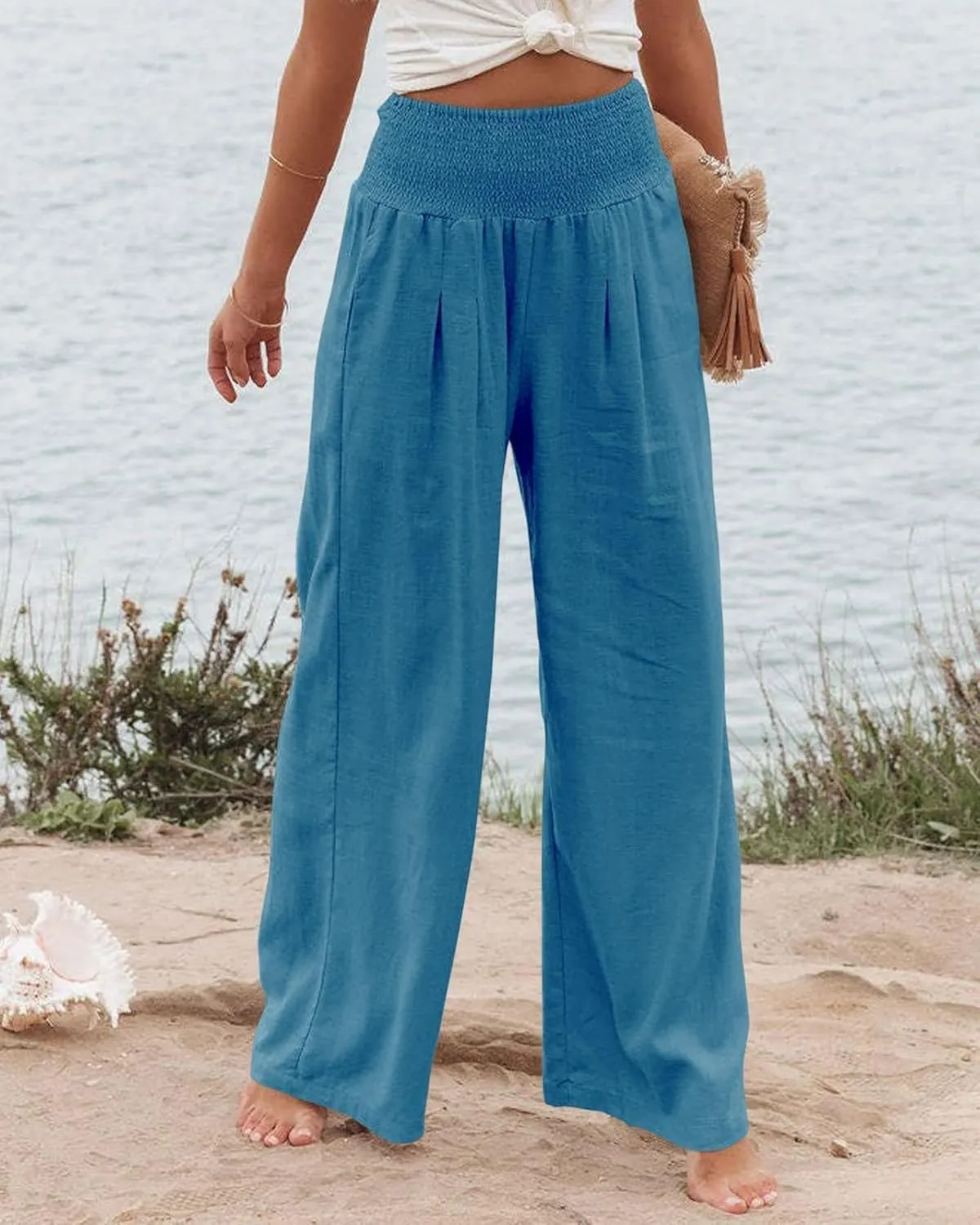 Women Linen Palazzo Pants Summer Boho Wide Leg High Waist Trousers Flowy Long Lounge Pant Work Beach Travel Outfits