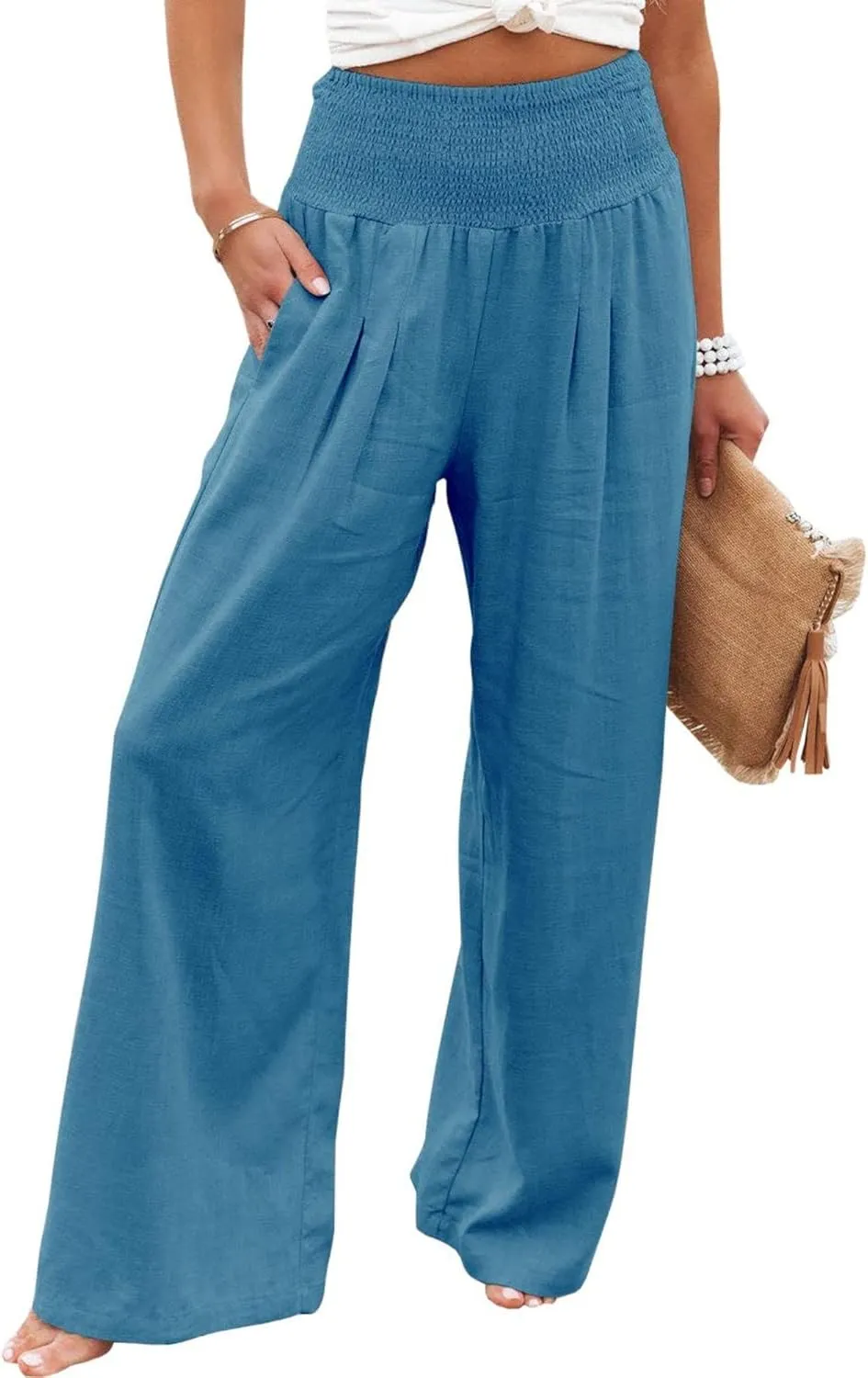 Women Linen Palazzo Pants Summer Boho Wide Leg High Waist Trousers Flowy Long Lounge Pant Work Beach Travel Outfits