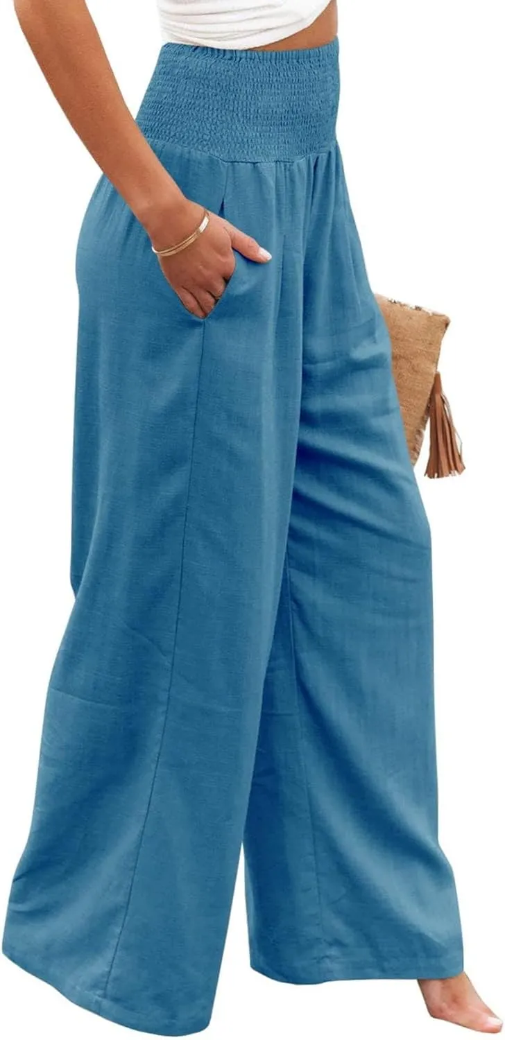 Women Linen Palazzo Pants Summer Boho Wide Leg High Waist Trousers Flowy Long Lounge Pant Work Beach Travel Outfits