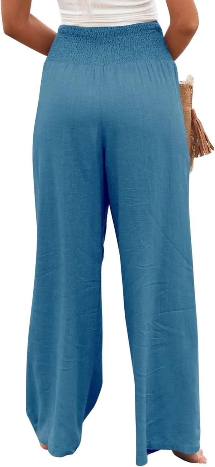 Women Linen Palazzo Pants Summer Boho Wide Leg High Waist Trousers Flowy Long Lounge Pant Work Beach Travel Outfits