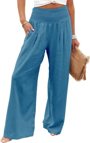 Women Linen Palazzo Pants Summer Boho Wide Leg High Waist Trousers Flowy Long Lounge Pant Work Beach Travel Outfits