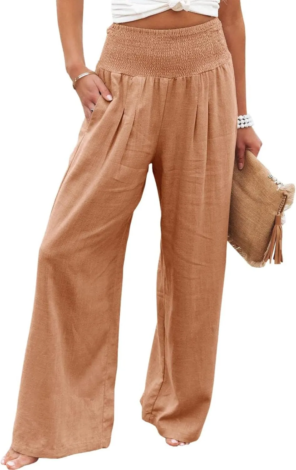 Women Linen Palazzo Pants Summer Boho Wide Leg High Waist Trousers Flowy Long Lounge Pant Work Beach Travel Outfits