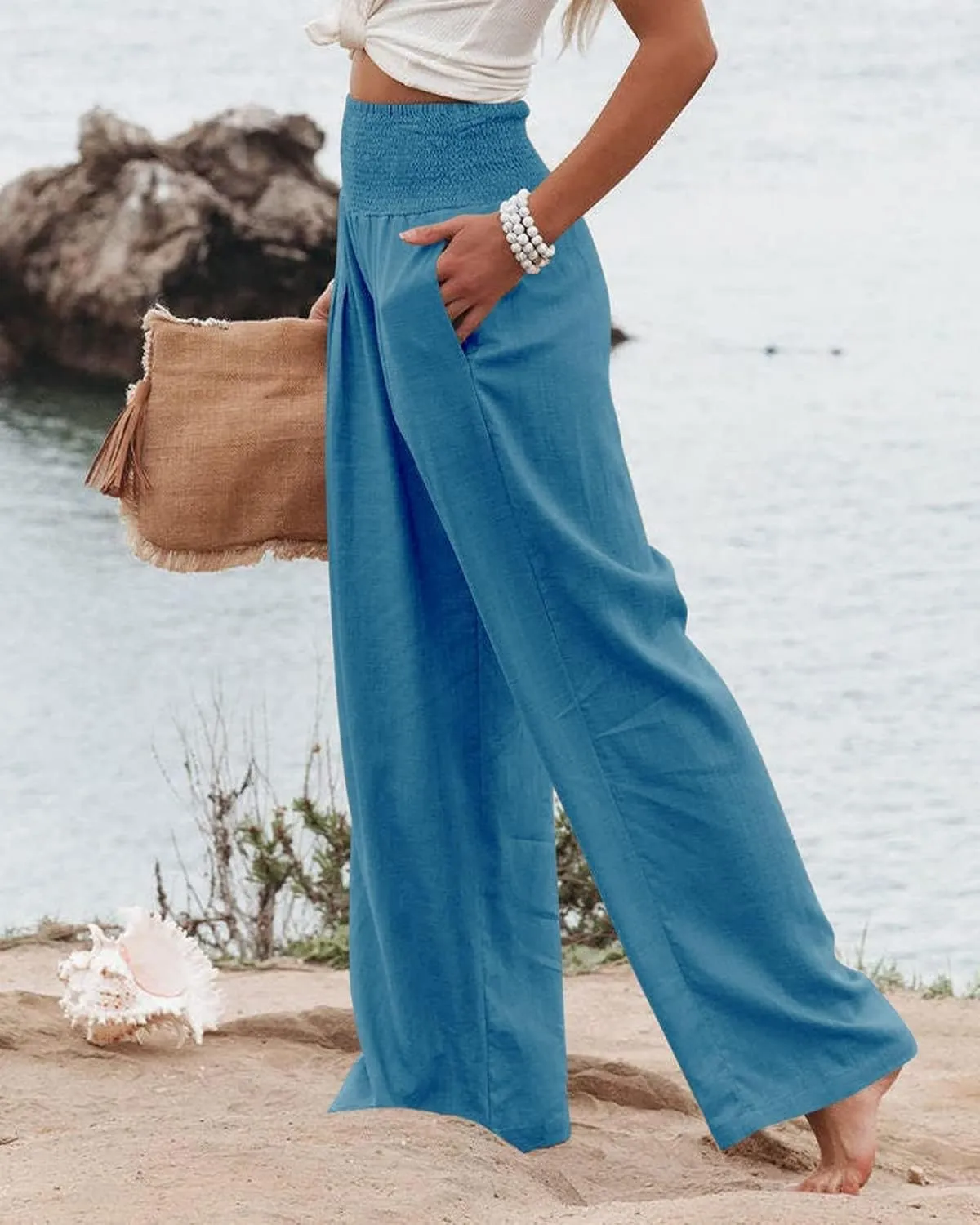 Women Linen Palazzo Pants Summer Boho Wide Leg High Waist Trousers Flowy Long Lounge Pant Work Beach Travel Outfits