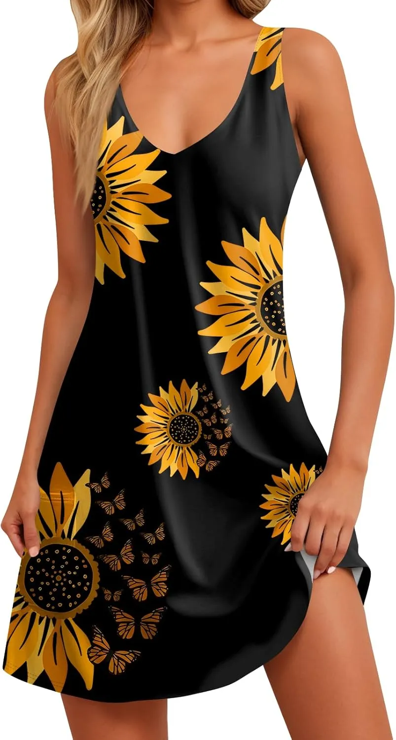 Women Summer Dresses Printed Casual Sundress Vacation Sleeveless Swimsuit Coverup 2025 V Neck Dress with Pocket