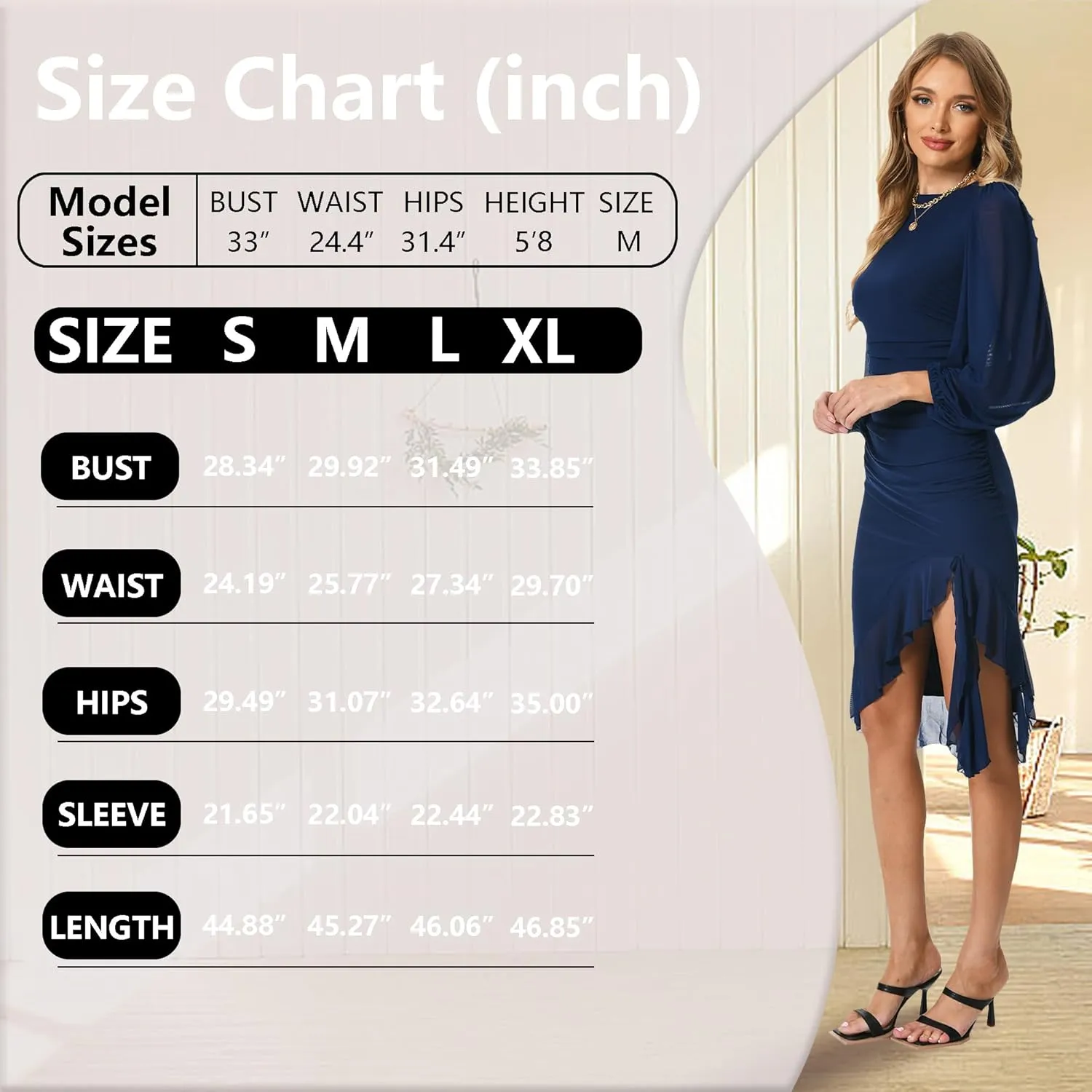 Women's Bodycon Midi Dress Fall Long Sleeve Ruched Ruffle Hem Mermaid Cocktail Wedding Guest Dresses