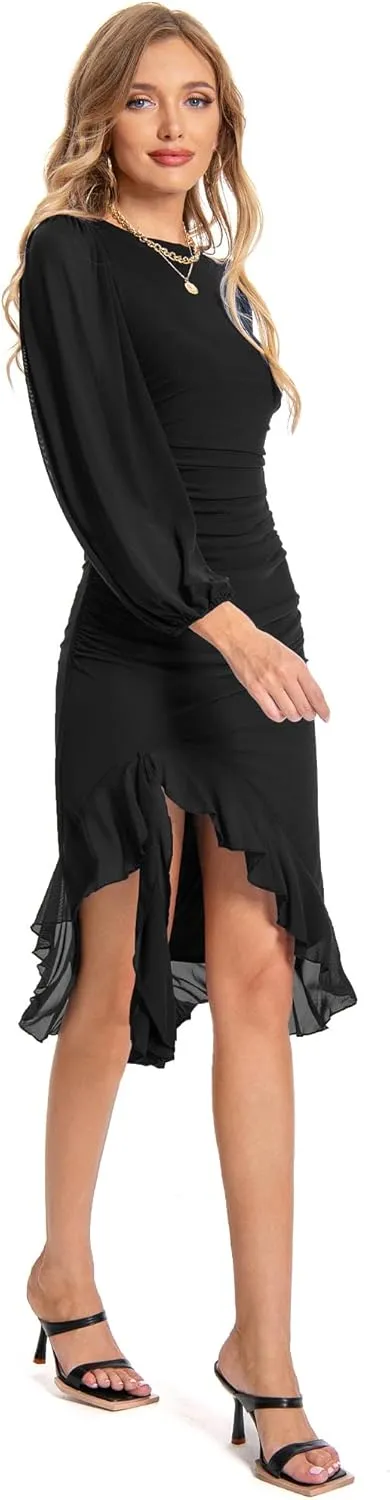 Women's Bodycon Midi Dress Fall Long Sleeve Ruched Ruffle Hem Mermaid Cocktail Wedding Guest Dresses