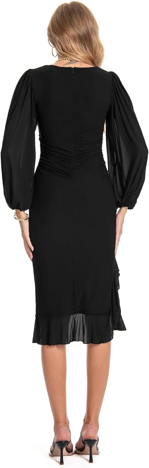 Women's Bodycon Midi Dress Fall Long Sleeve Ruched Ruffle Hem Mermaid Cocktail Wedding Guest Dresses