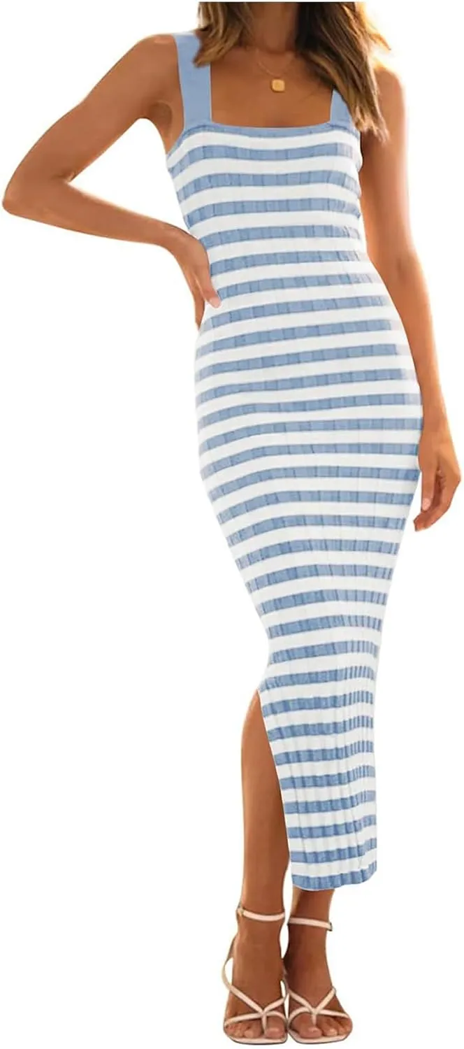 Womens Bodycon Midi Dresses Knit Striped Beach Dress Summer Casual Vacation Sundress Square Neck Sheath Dress