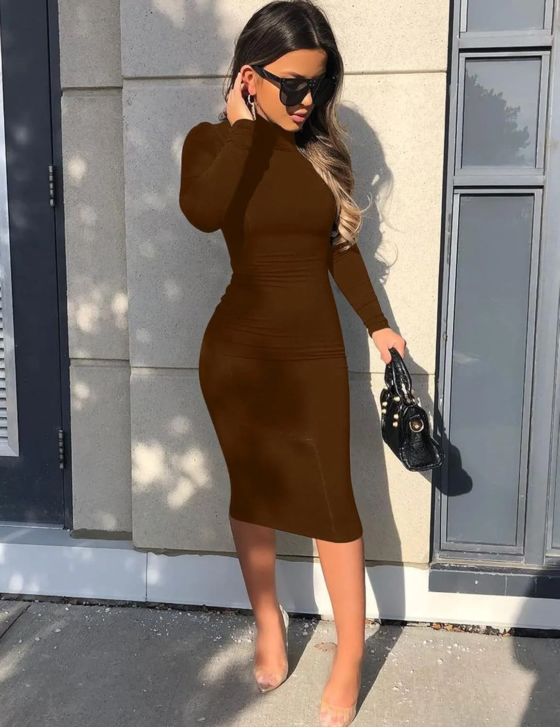 Women's Casual Long Sleeve Bodycon Sexy Turtleneck Midi Club Party Pencil Dresses