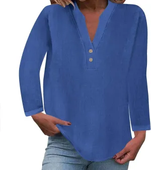 Womens Casual Long Sleeve Tops Dress Shirts Relaxed Fit Cotton Linen Shirts Ladies 2024 Fall V Neck Fashion Pullover