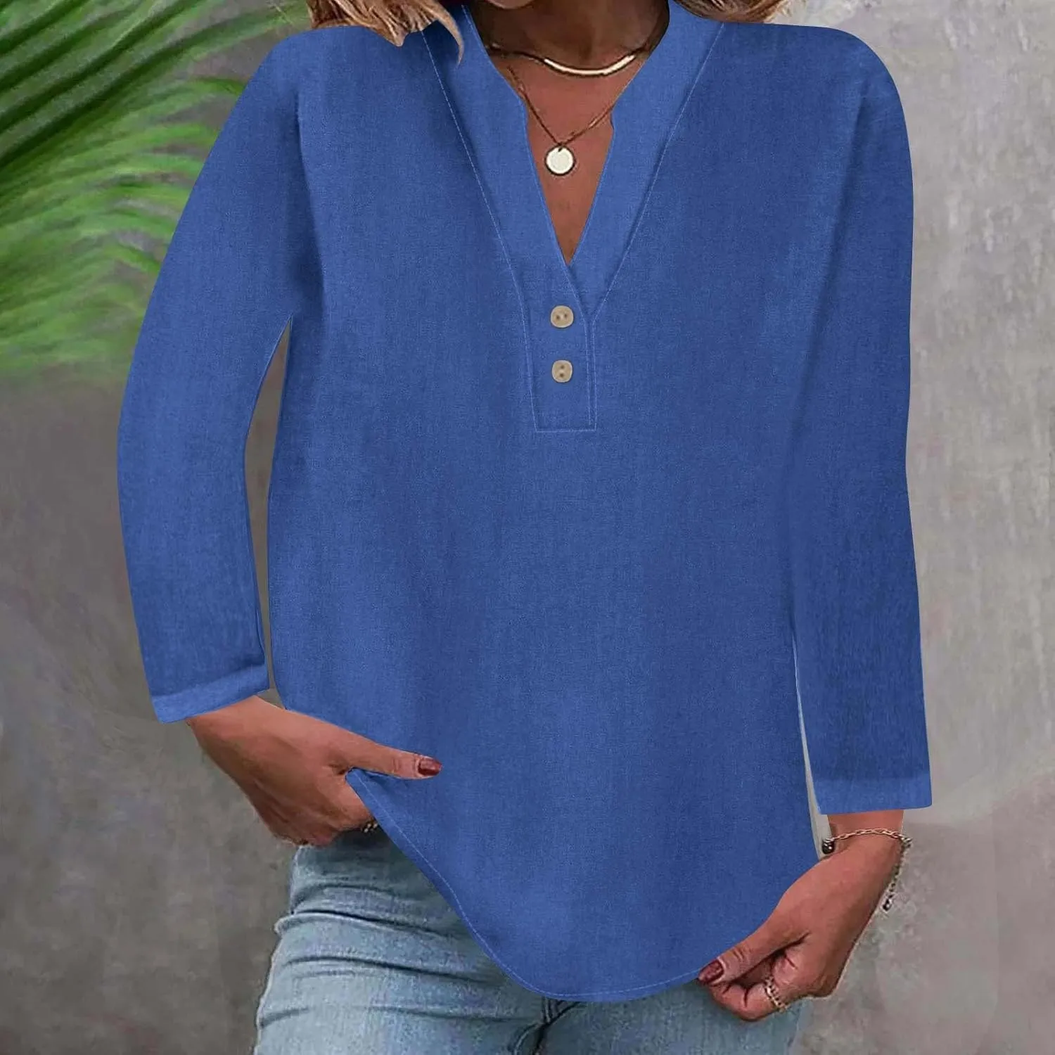 Womens Casual Long Sleeve Tops Dress Shirts Relaxed Fit Cotton Linen Shirts Ladies 2024 Fall V Neck Fashion Pullover