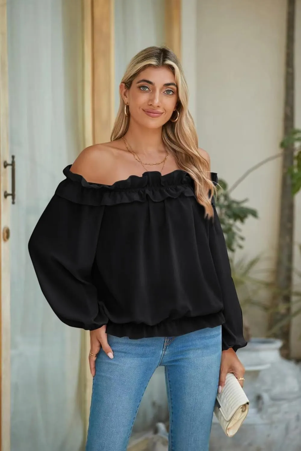 Womens Casual Off Shoulder Tops Long Sleeve Ruffle Flowy Chiffon Blouses Shirts