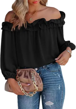 Womens Casual Off Shoulder Tops Long Sleeve Ruffle Flowy Chiffon Blouses Shirts