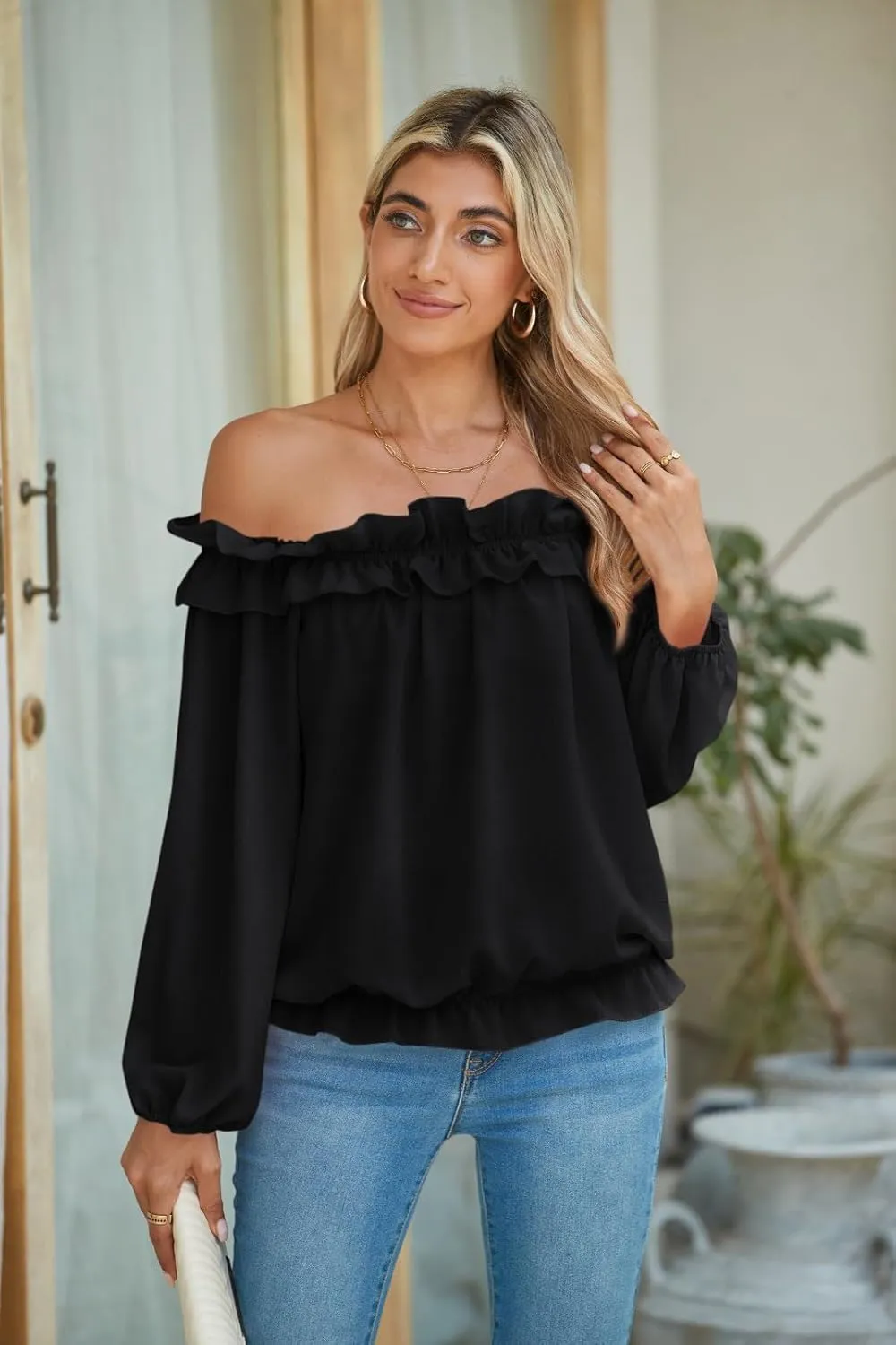 Womens Casual Off Shoulder Tops Long Sleeve Ruffle Flowy Chiffon Blouses Shirts