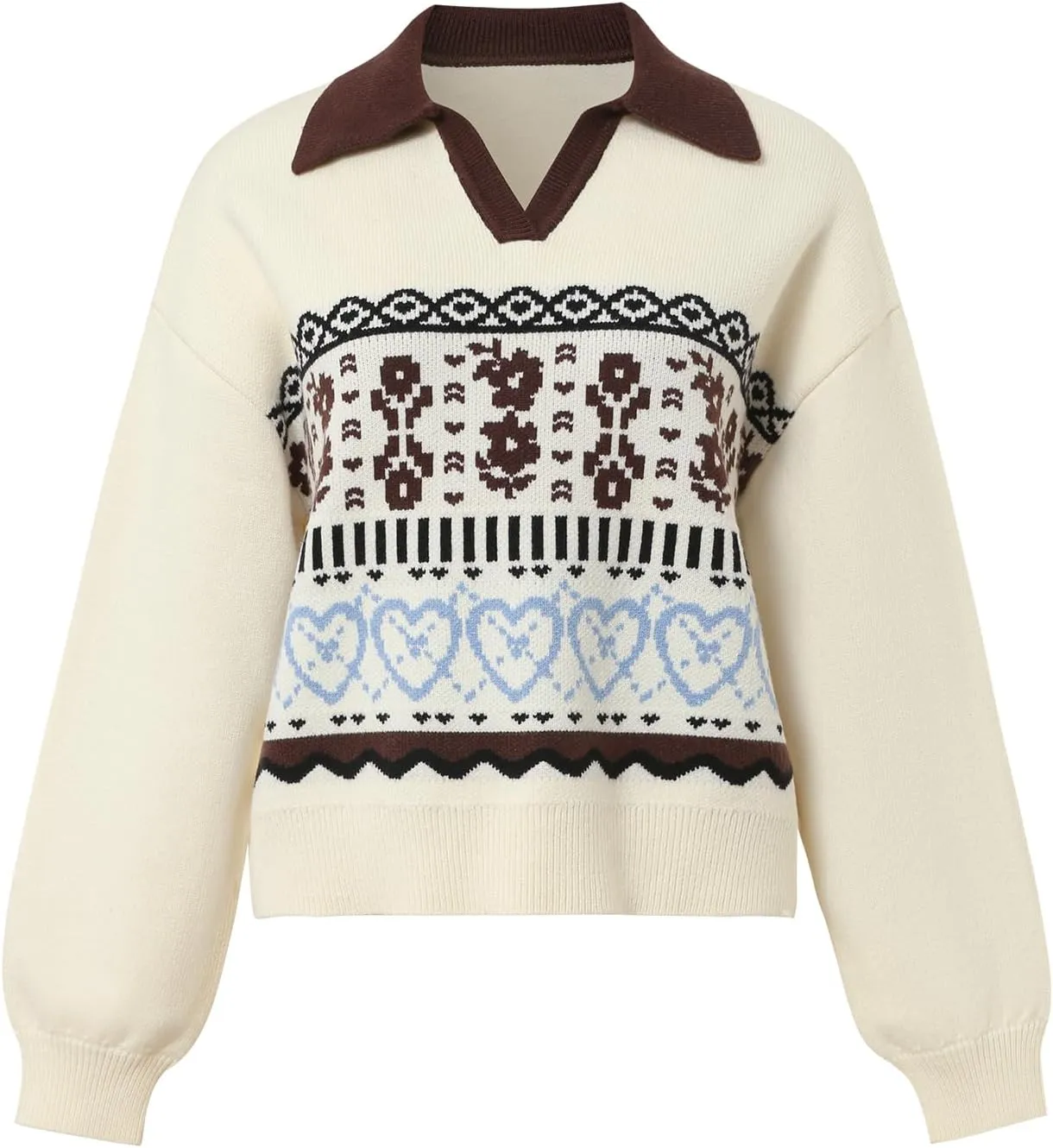 Womens Laple V Neck Floral Design Pullover Sweaters Fall Casual Long Sleeve Color Blocking Knit Sweater Jumper Tops