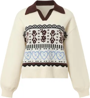 Womens Laple V Neck Floral Design Pullover Sweaters Fall Casual Long Sleeve Color Blocking Knit Sweater Jumper Tops