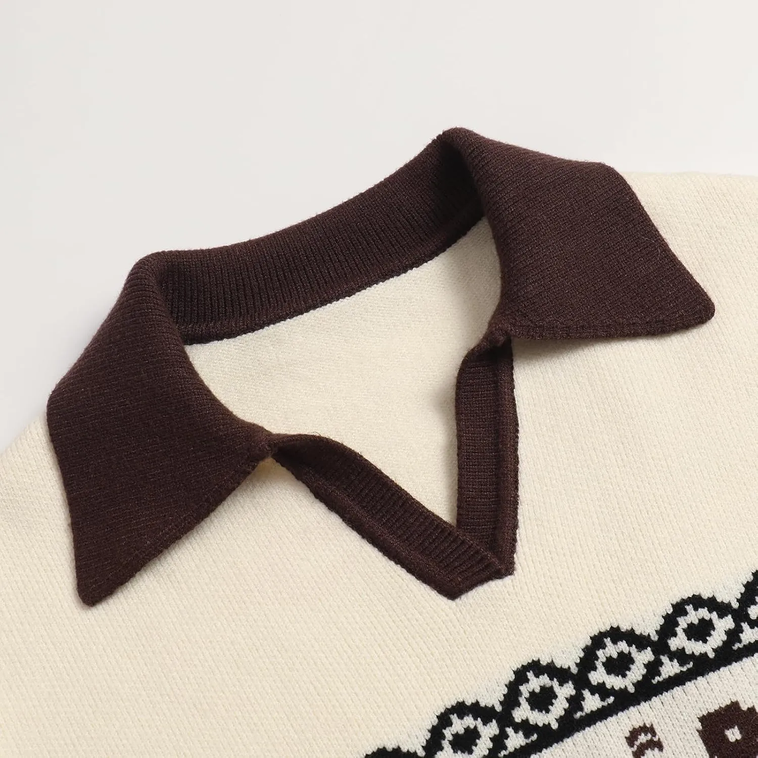 Womens Laple V Neck Floral Design Pullover Sweaters Fall Casual Long Sleeve Color Blocking Knit Sweater Jumper Tops