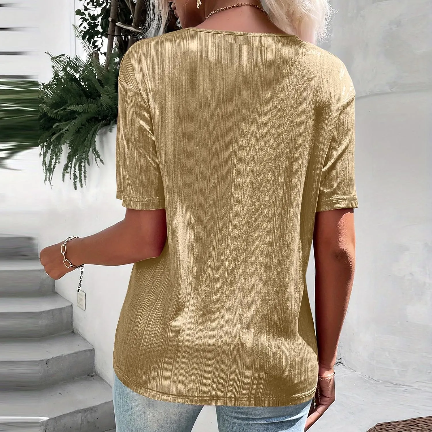 Women's Shiny Metallic Tops Short Sleeve T Shirt Glitter Party Disco Club Tees Holographic Music Festival Outfit